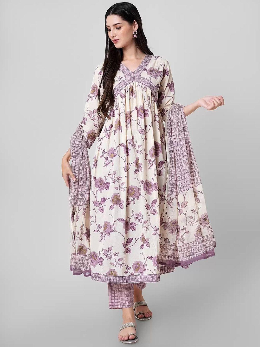 royal export floral printed pure cotton a-line empire kurta with trousers & dupatta