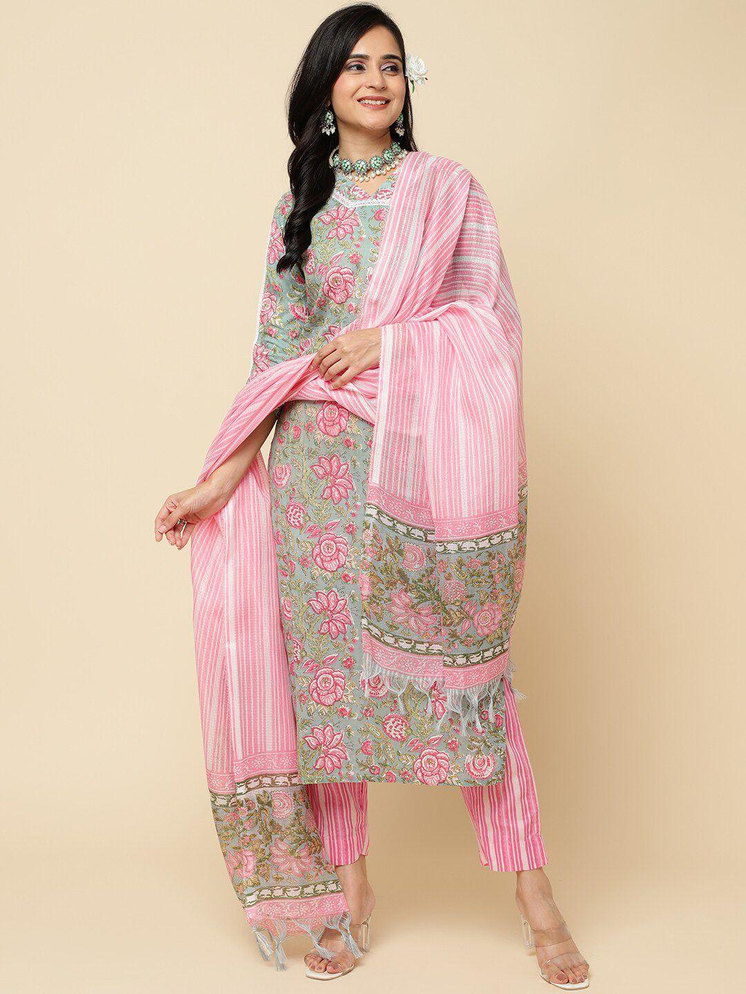 royal export floral printed v-neck straight kurta & trousers with dupatta