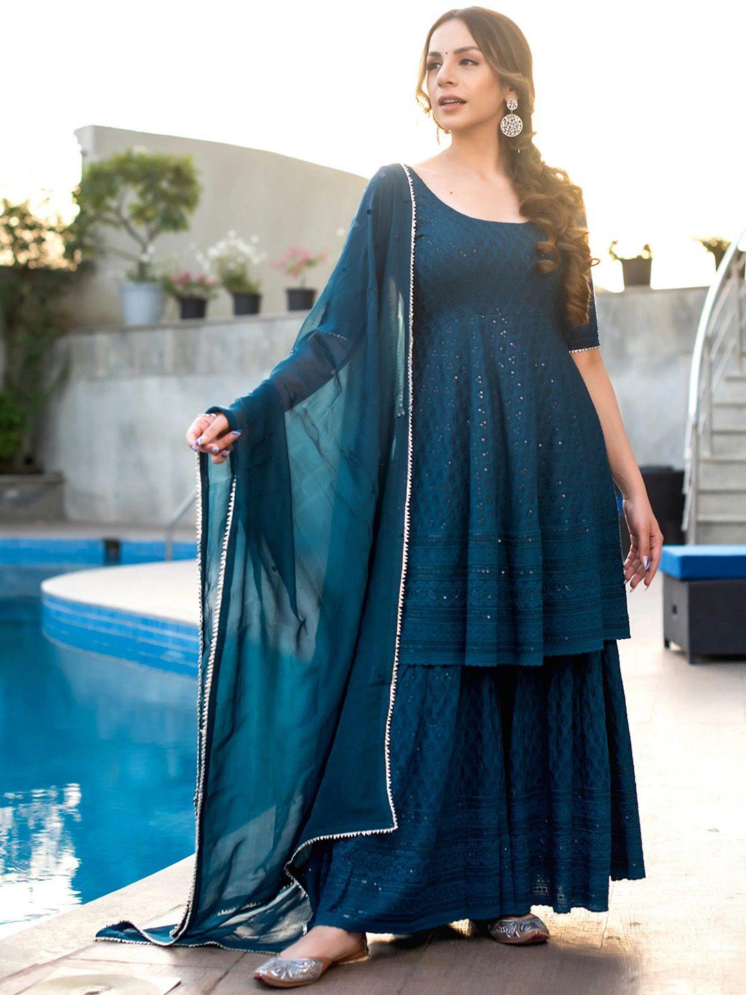 royal export women blue floral embroidered empire thread work kurta with sharara & with dupatta