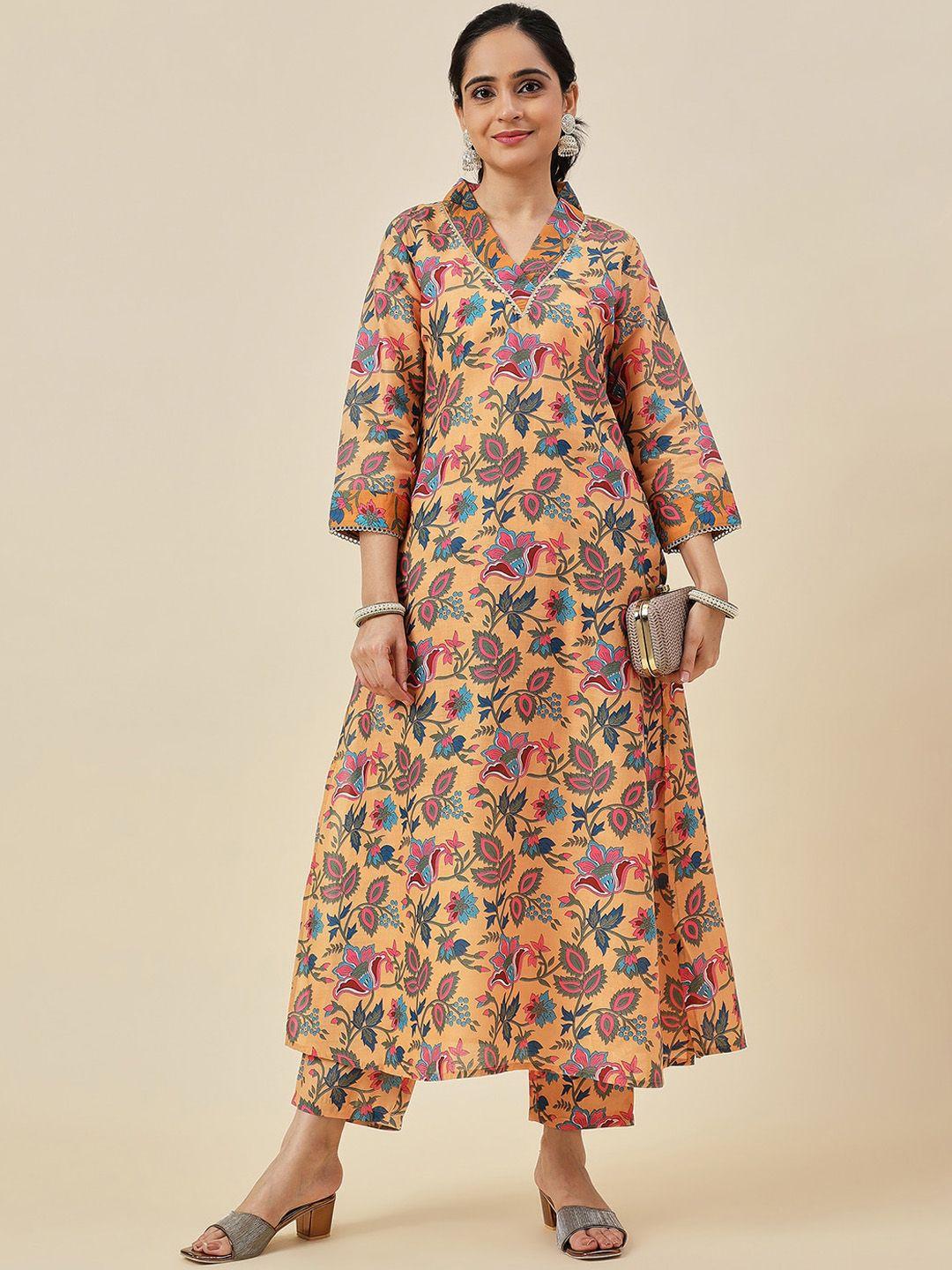 royal export women brown floral printed regular kurta with trousers