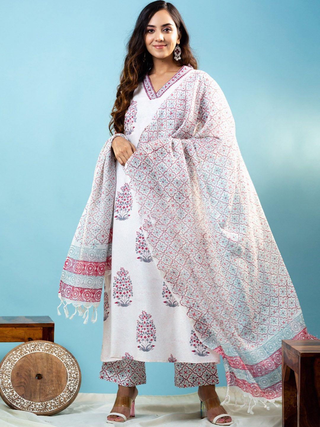 royal export women off white floral printed regular kurta with trousers & with dupatta