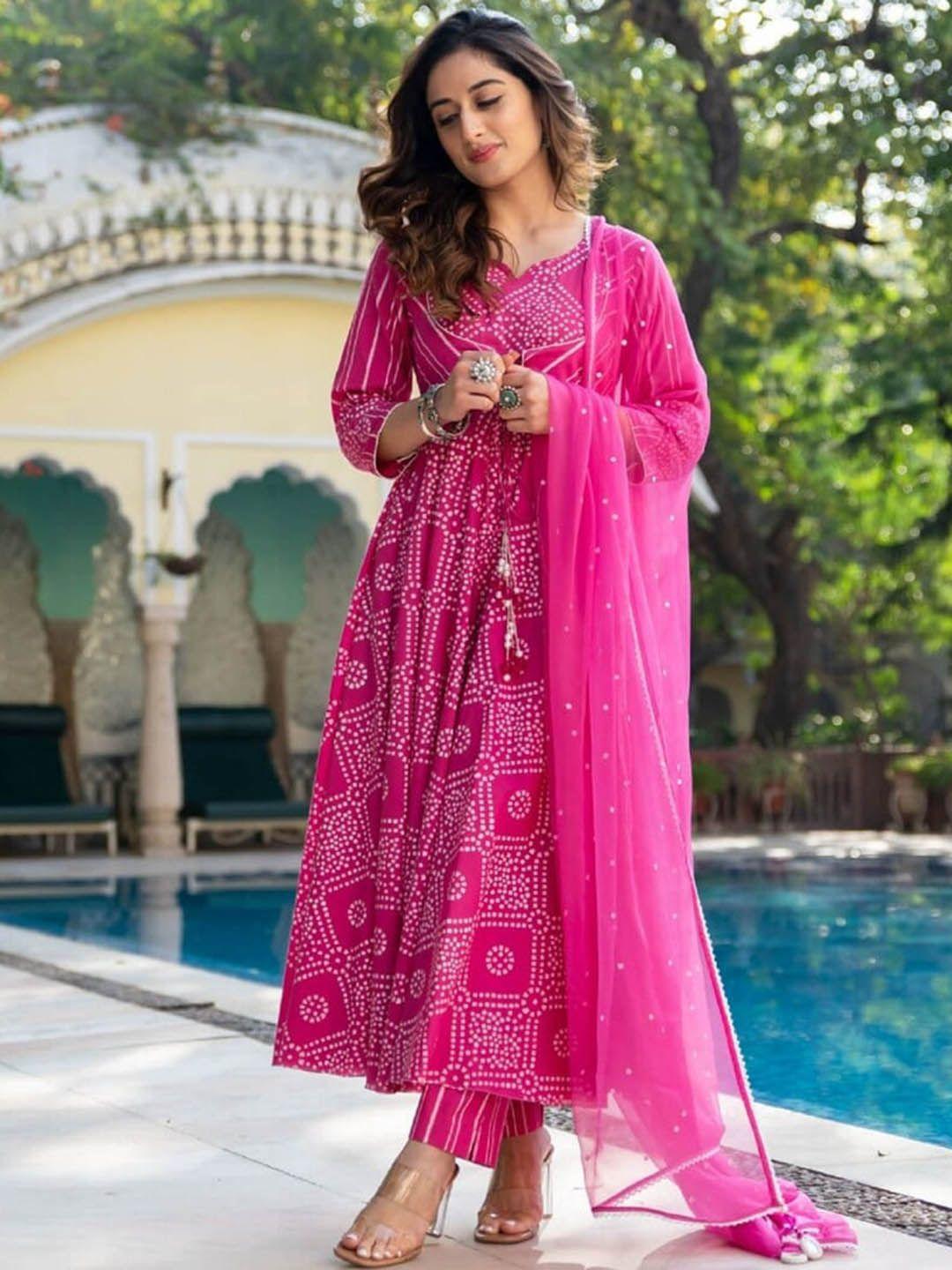 royal export women pink bandhani printed regular kurta with trousers & with dupatta