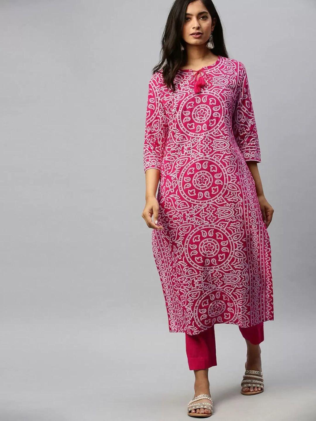 royal export women pink bandhani printed regular kurta with trousers