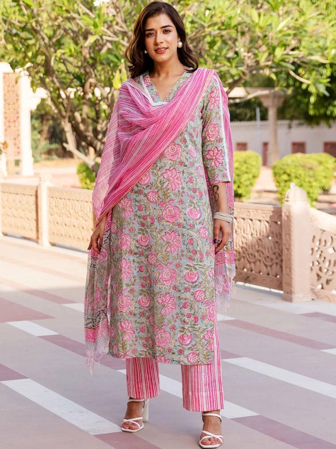 royal export women pink floral printed regular kurta with trousers & with dupatta