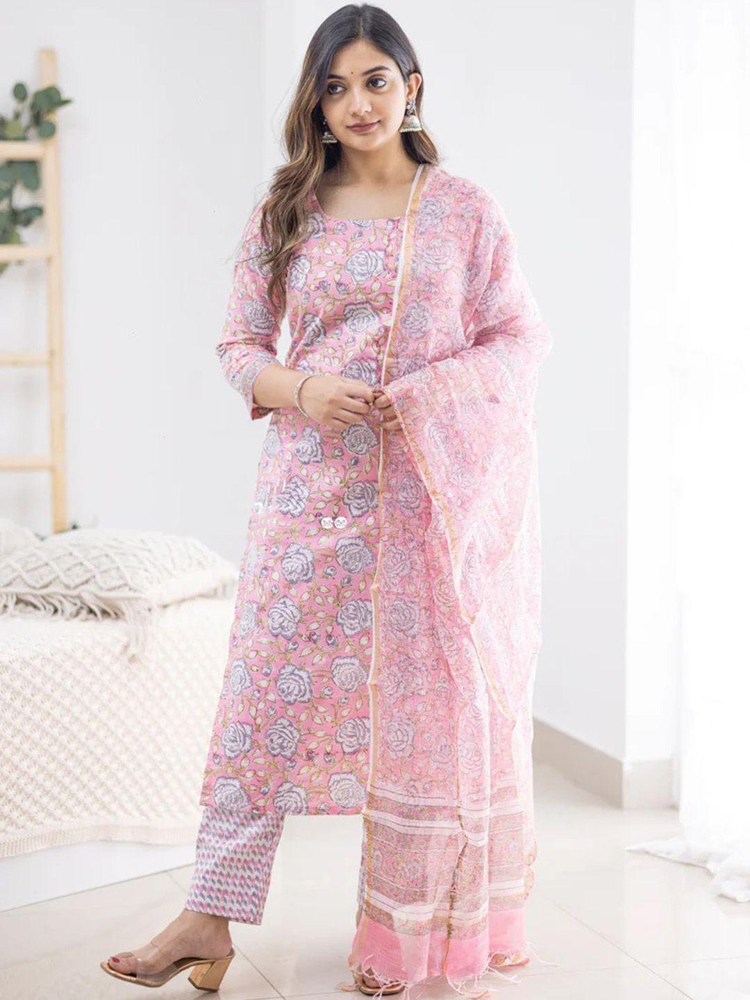 royal export women pink floral printed regular kurta with trousers & with dupatta