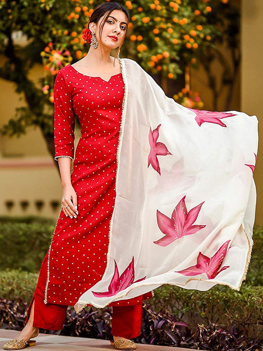 royal export women red floral printed regular kurta with trousers & with dupatta