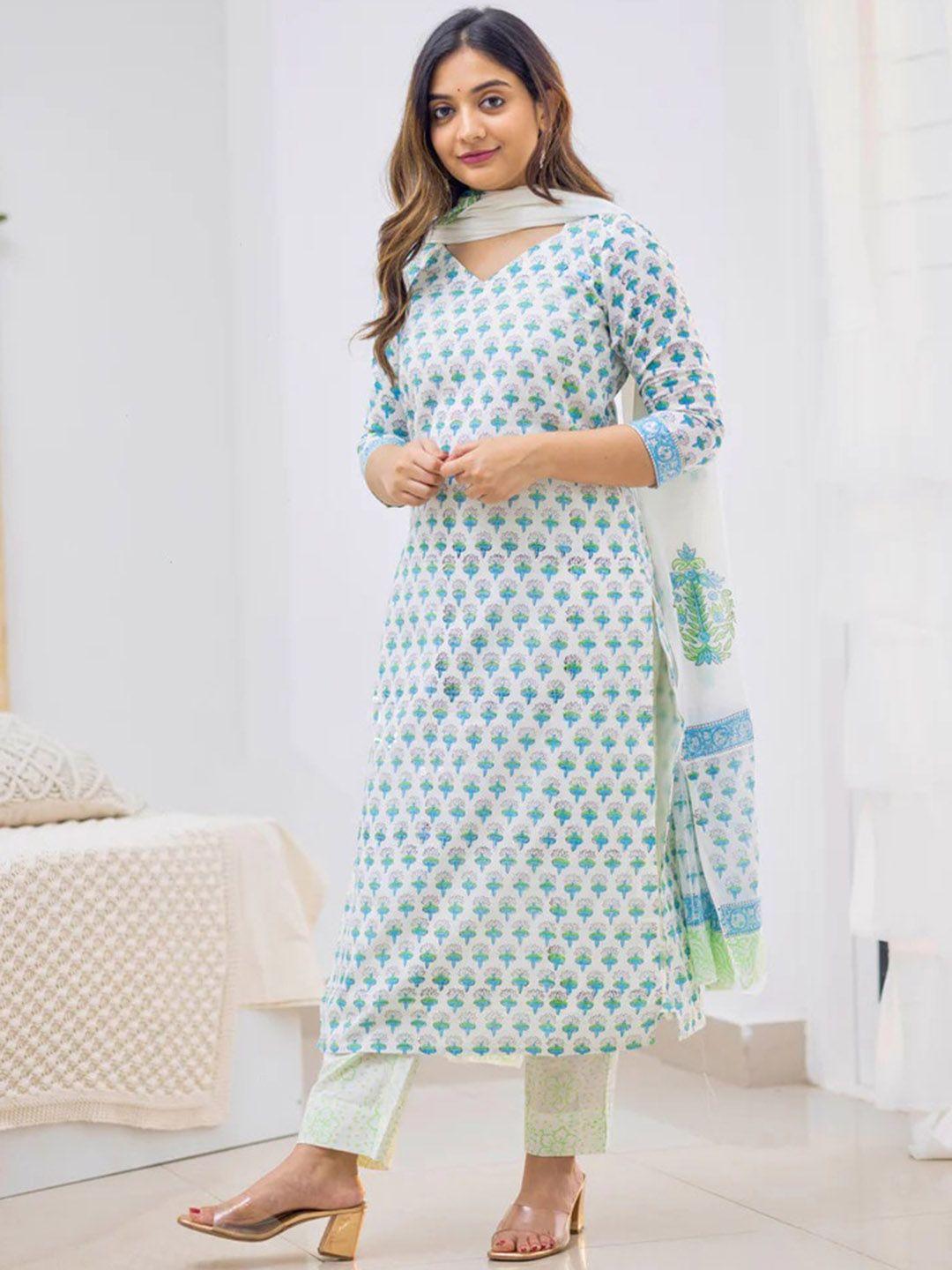 royal export women turquoise blue floral printed regular kurta with trousers & with dupatta