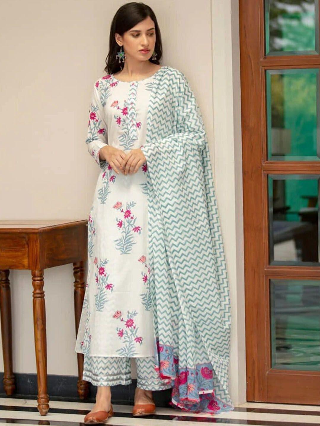 royal export women white floral printed regular kurta with palazzos & with dupatta