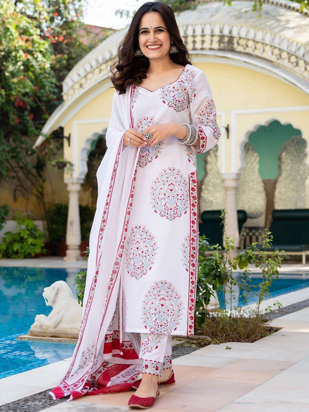 royal export women white floral printed regular kurta with trousers & with dupatta