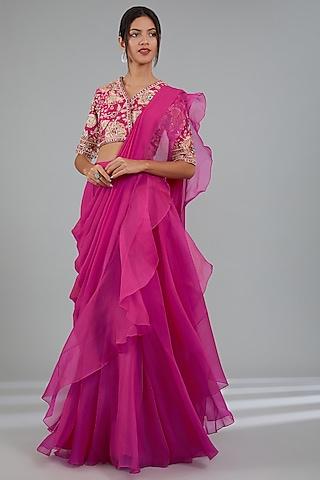 royal fuchsia chiffon & organza draped ruffle saree set