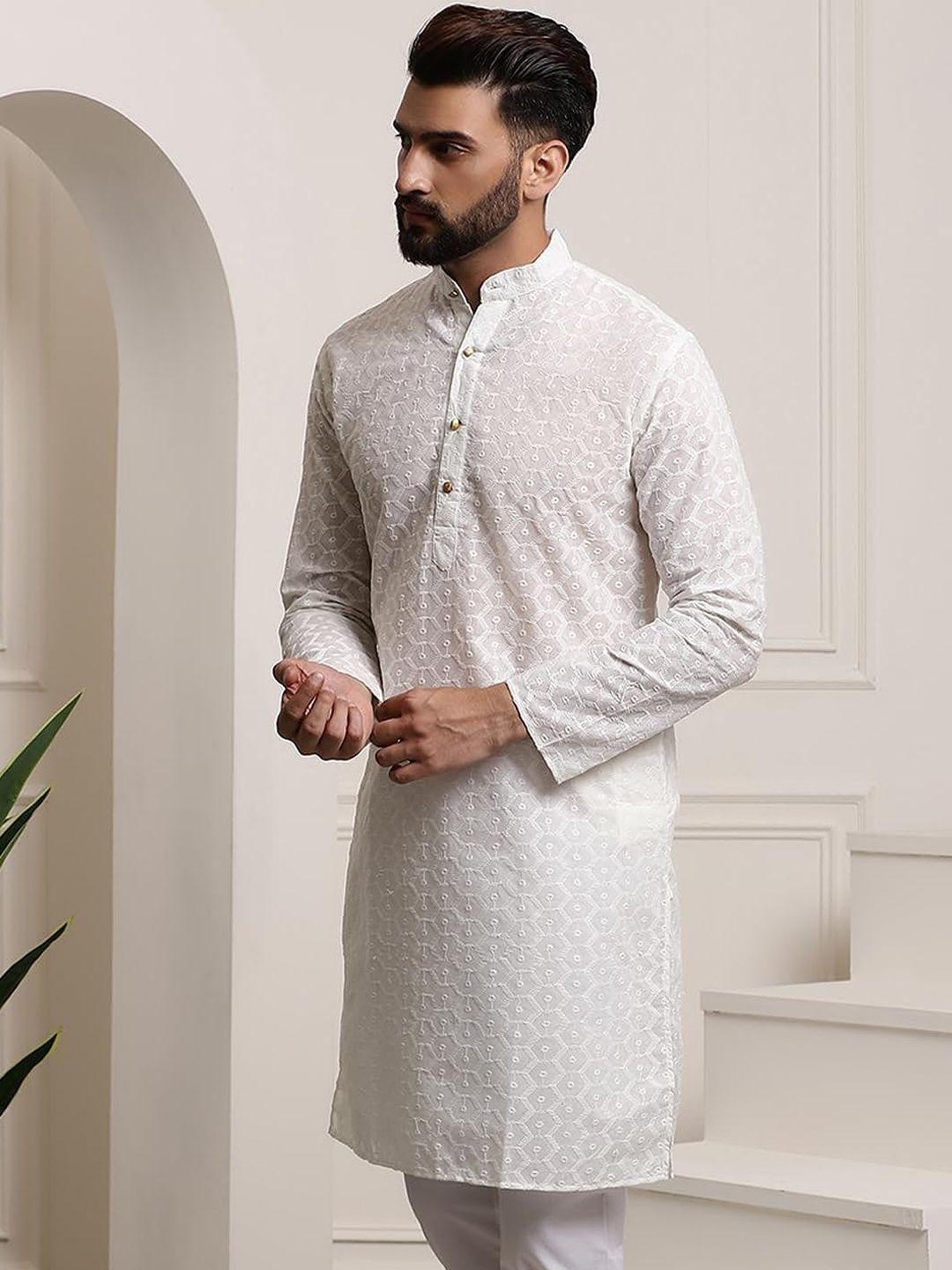 royal kurta geometric embroidered band collar cotton straight kurta