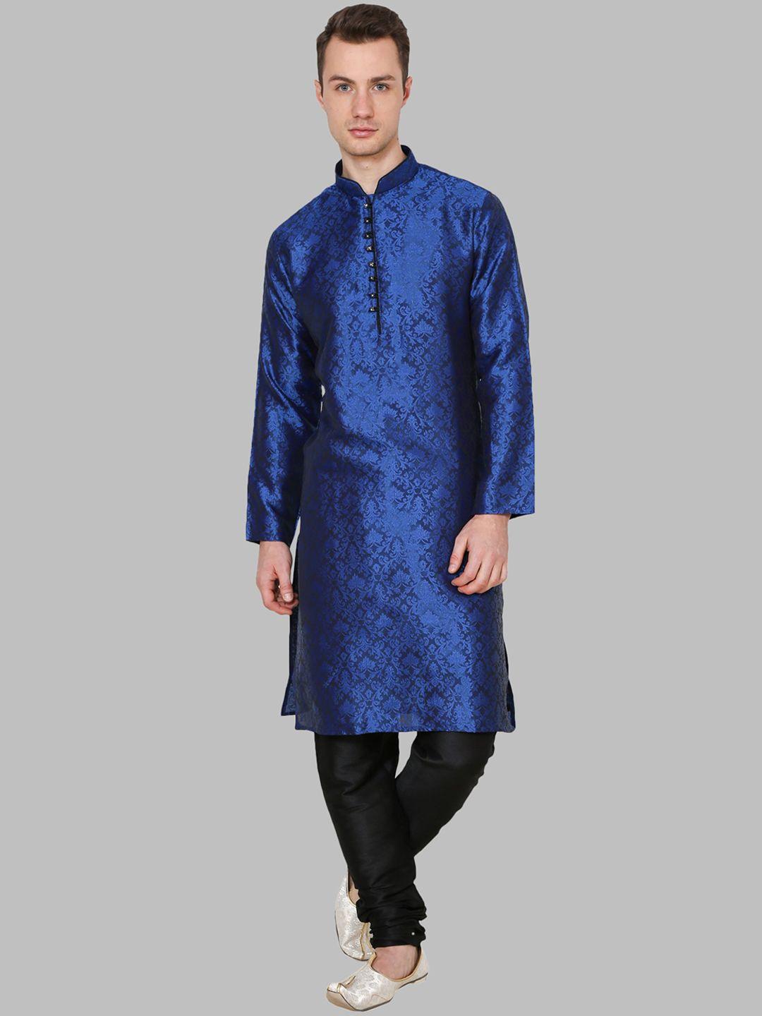royal kurta men blue ethnic motifs printed dupion silk kurta with churidar