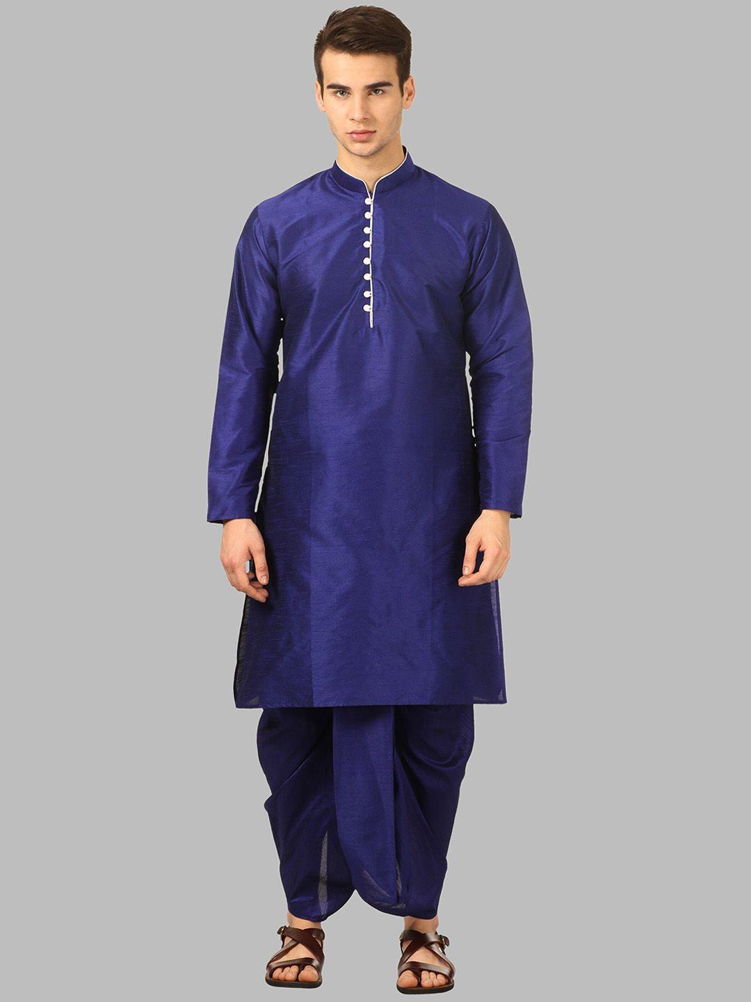 royal kurta men blue solid silk blend straight kurta with dhoti pants