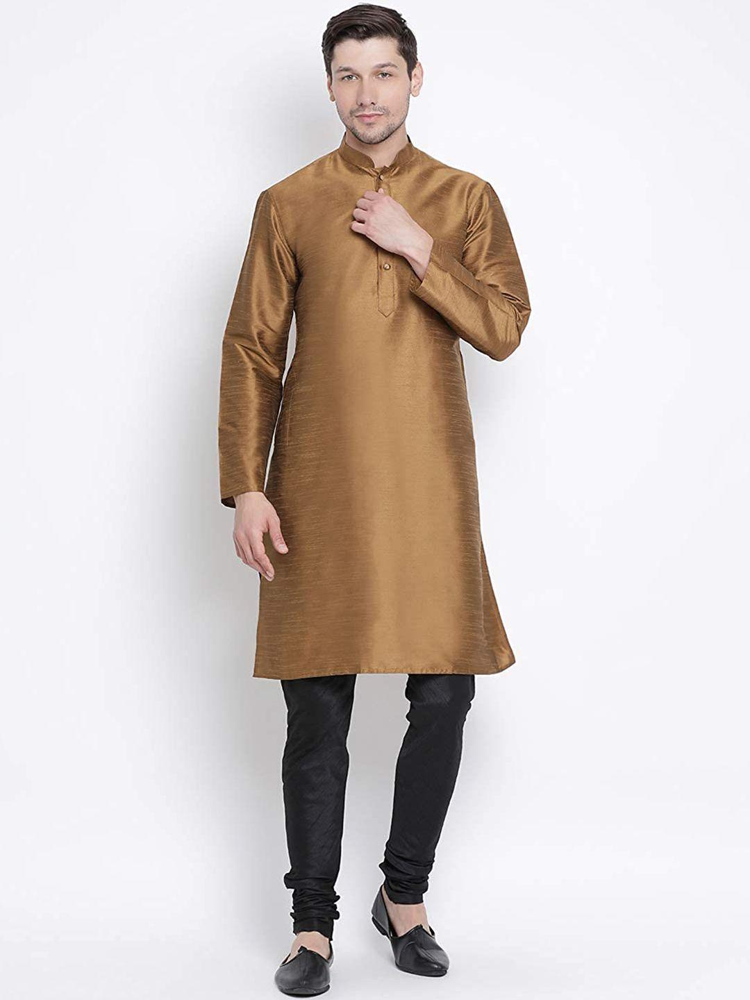 royal kurta men brown dupion silk kurta with churidar pant