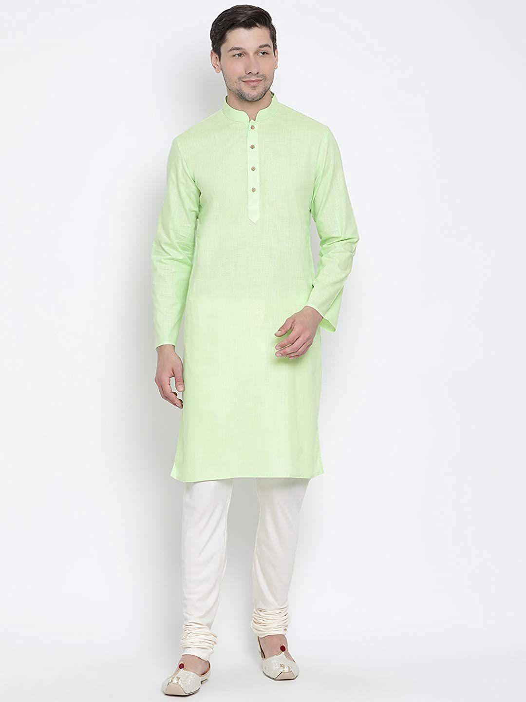 royal kurta men green & off white pure cotton kurta with churidar