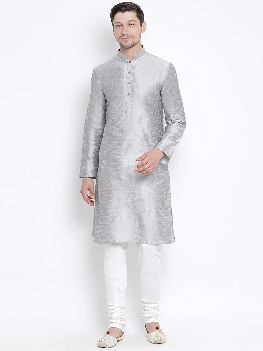 royal kurta men grey dupion silk kurta with churidar