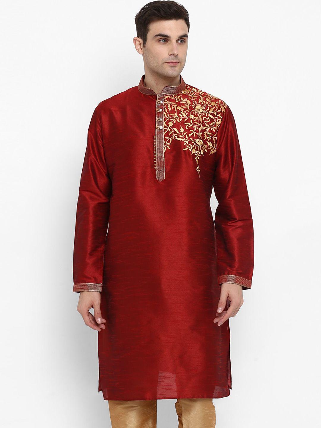 royal kurta men maroon floral embroidered dupion silk kurta with churidar
