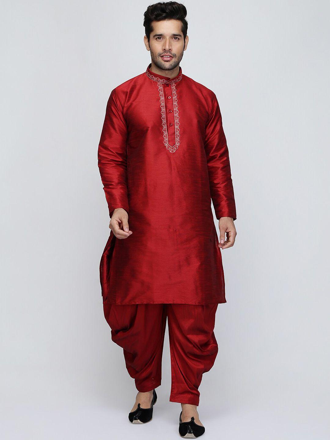 royal kurta men maroon solid pleated dupion silk kurta with dhoti pants