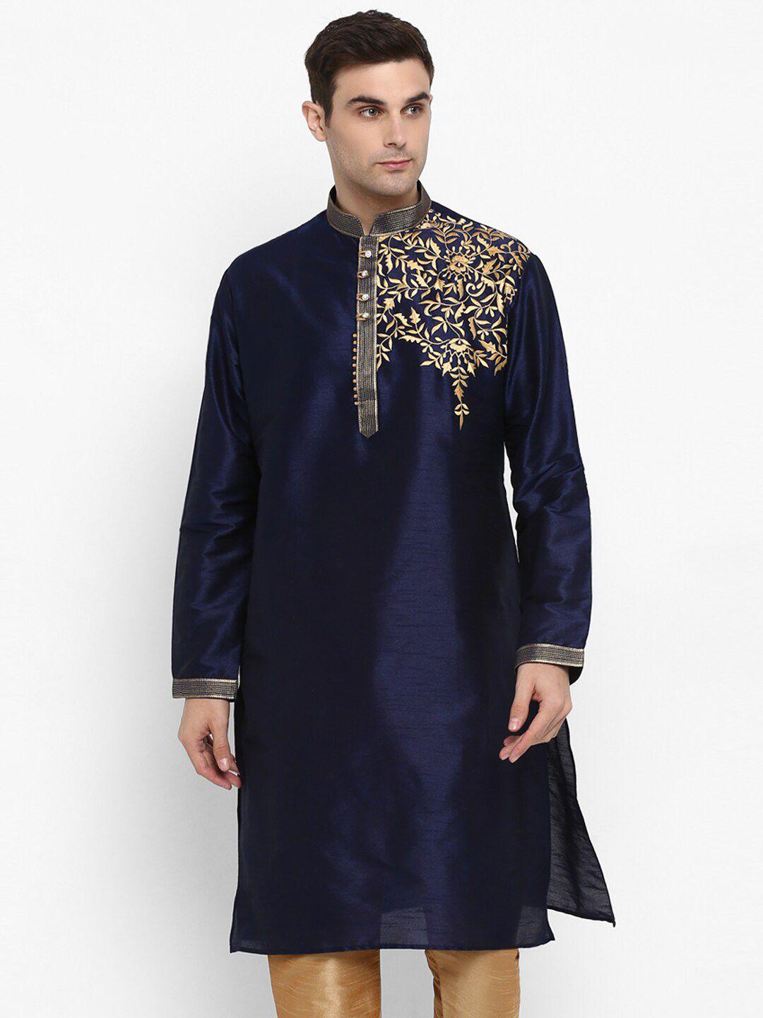 royal kurta men navy blue floral embroidered kurta