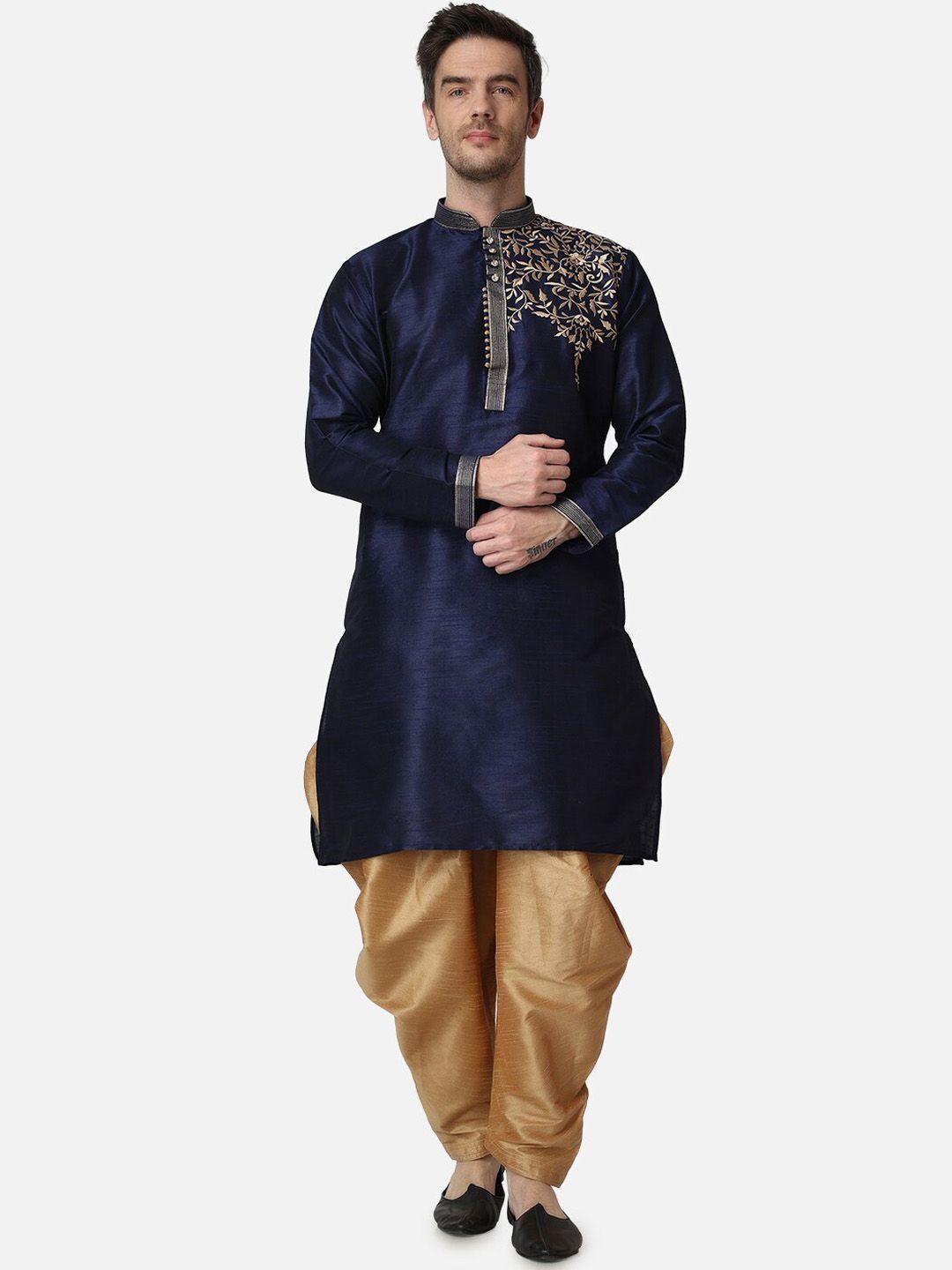 royal kurta men navy blue floral yoke design regular thread work dupion silk kurta with patiala