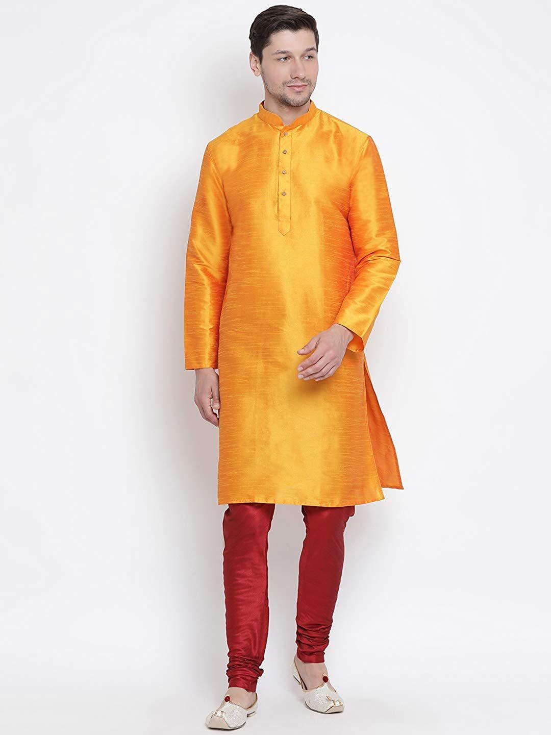 royal kurta men orange dupion silk kurta with pyjamas