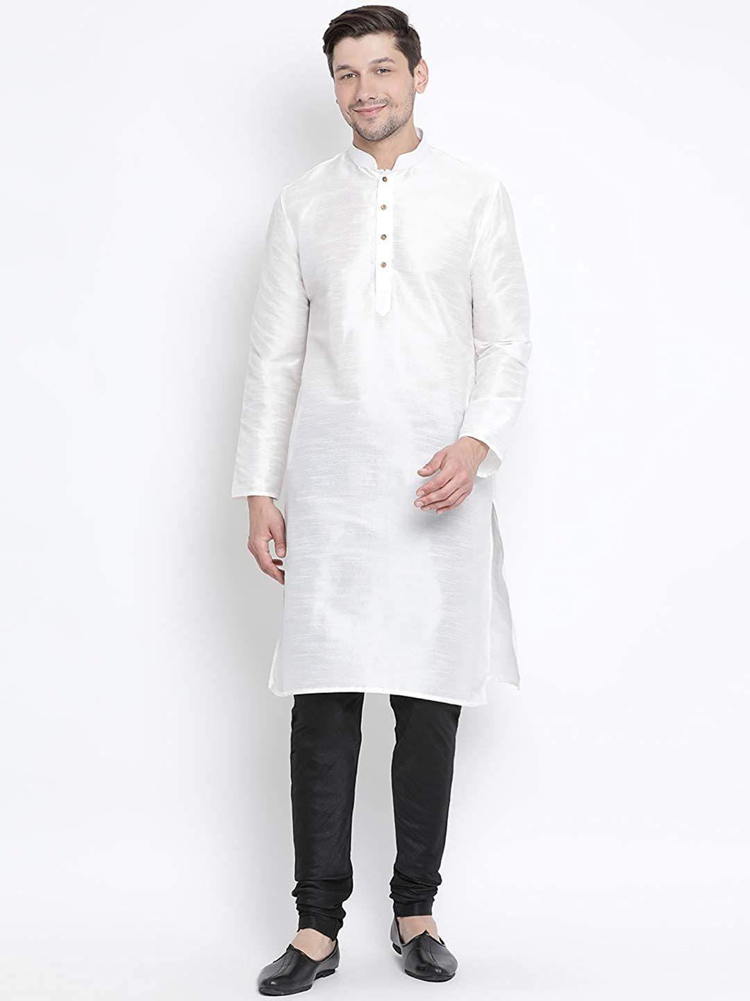 royal kurta men white angrakha dupion silk kurta with churidar pant