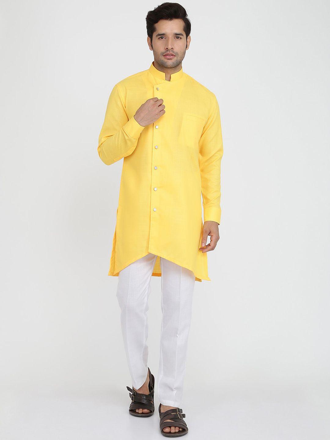 royal kurta men yellow layered pure cotton kurta with trousers