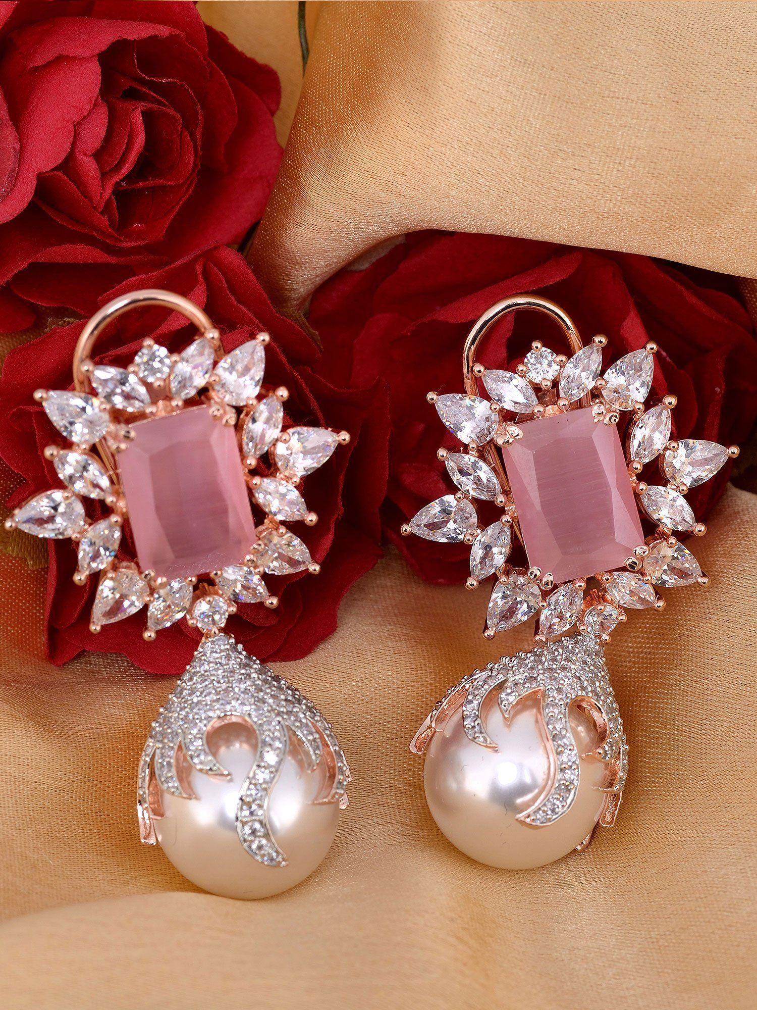 royal pink floral shape american diamond brass pearl studded drop earrings