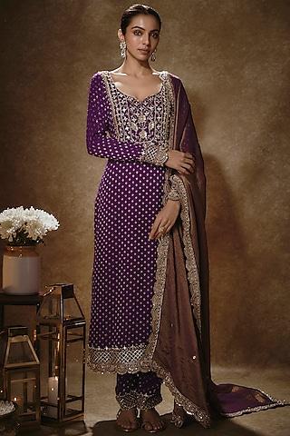 royal purple banarasi viscose georgette sequins embroidered kurta set