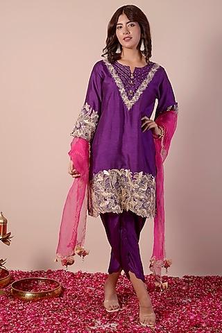 royal purple bemberg silk zari embroidered kurta set