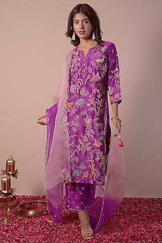 royal purple pure silk hand embroidered kurta set
