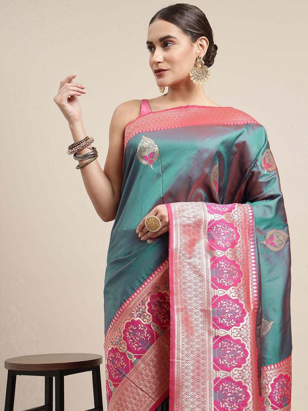 royal rajgharana saree blue & pink woven design silk blend banarasi saree with blouse