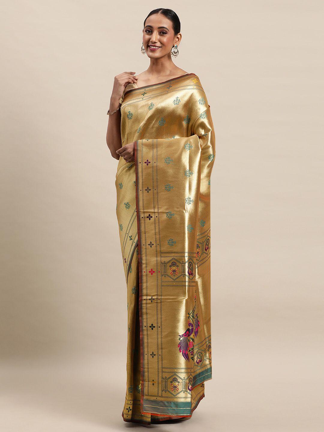 royal rajgharana saree golden & green woven design paithani saree