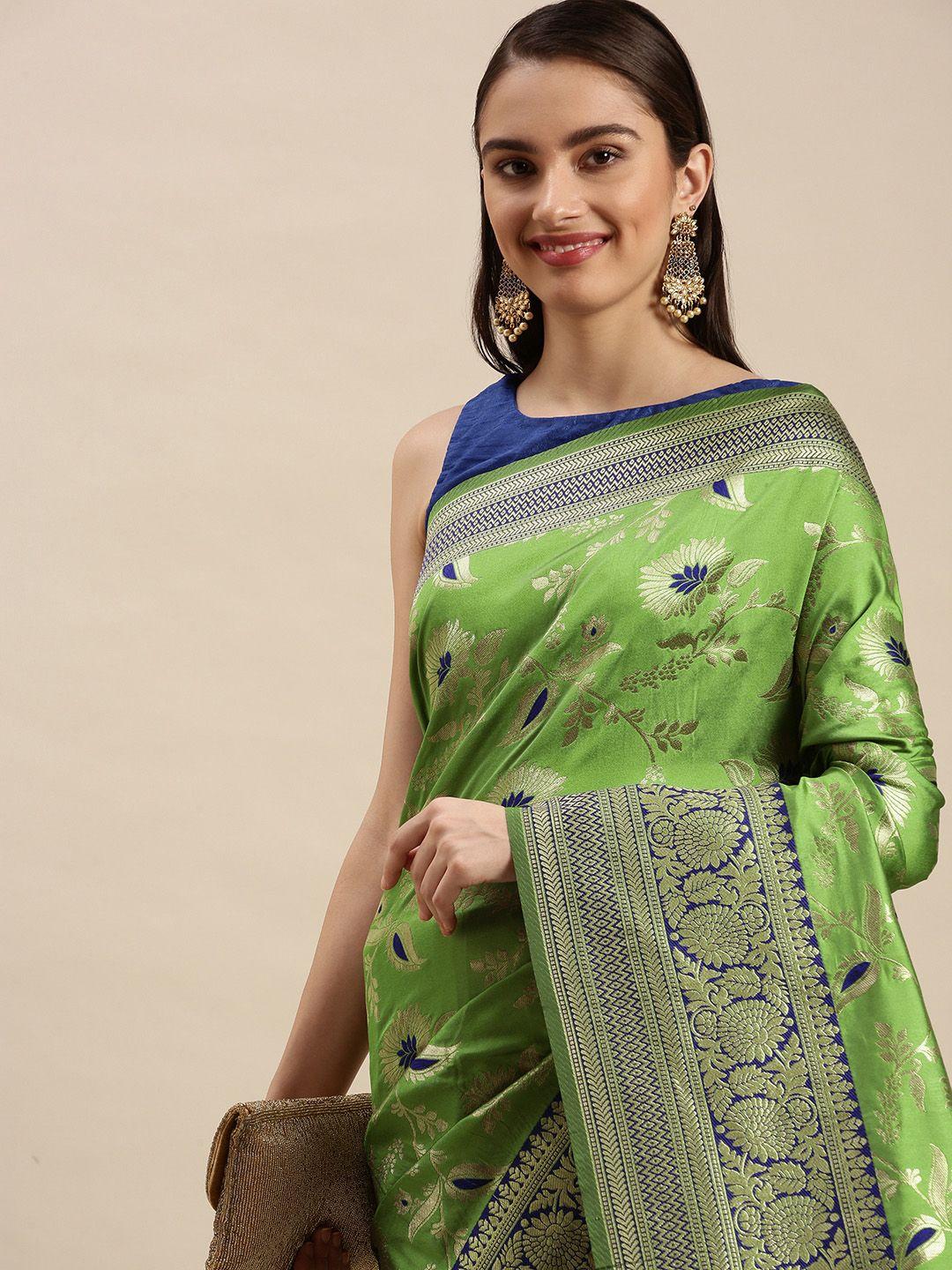 royal rajgharana saree green & gold floral zari silk blend celebrity banarasi sarees