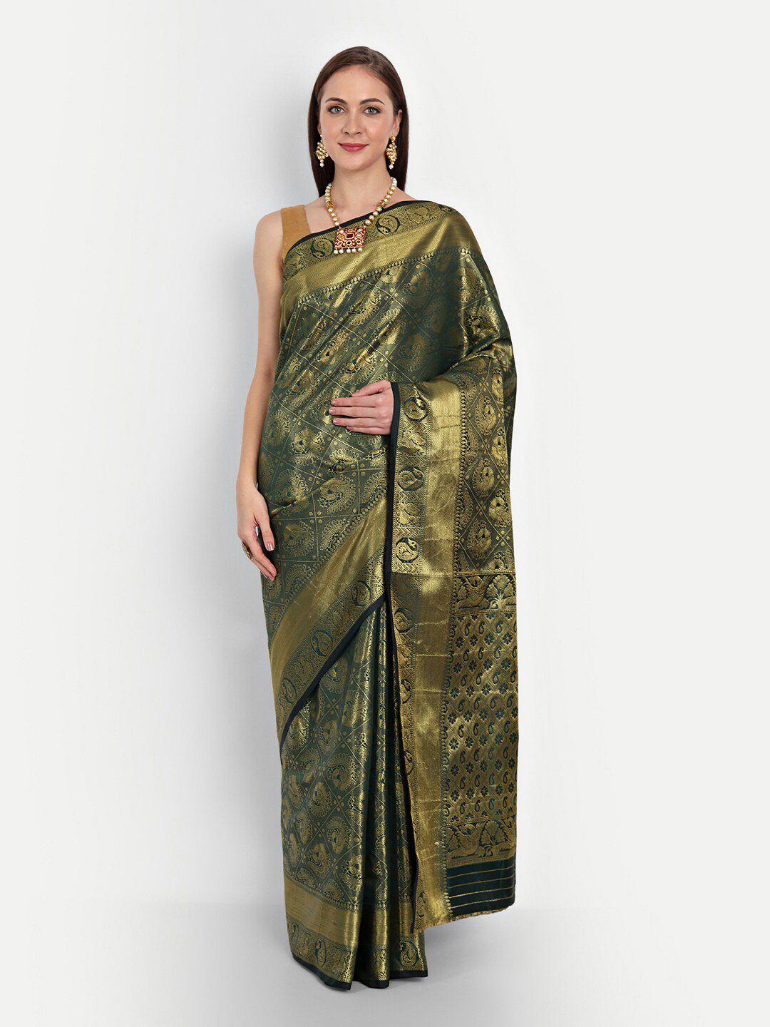 royal rajgharana saree green & gold-toned woven design silk blend kanjeevaram sarees