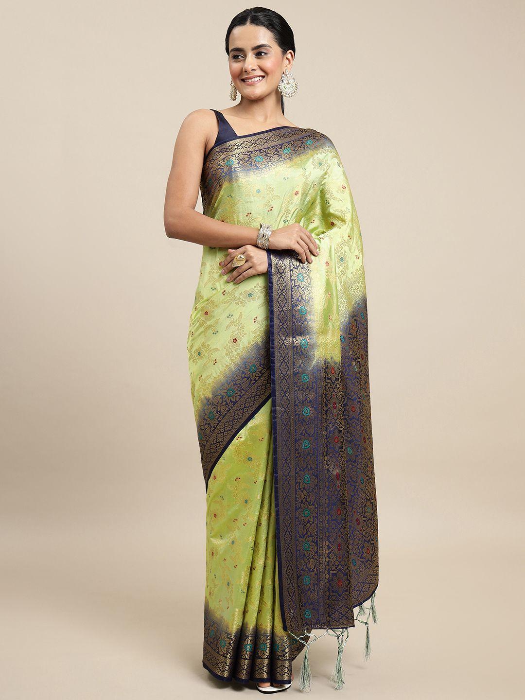 royal rajgharana saree green & navy blue woven design zari silk blend banarasi saree