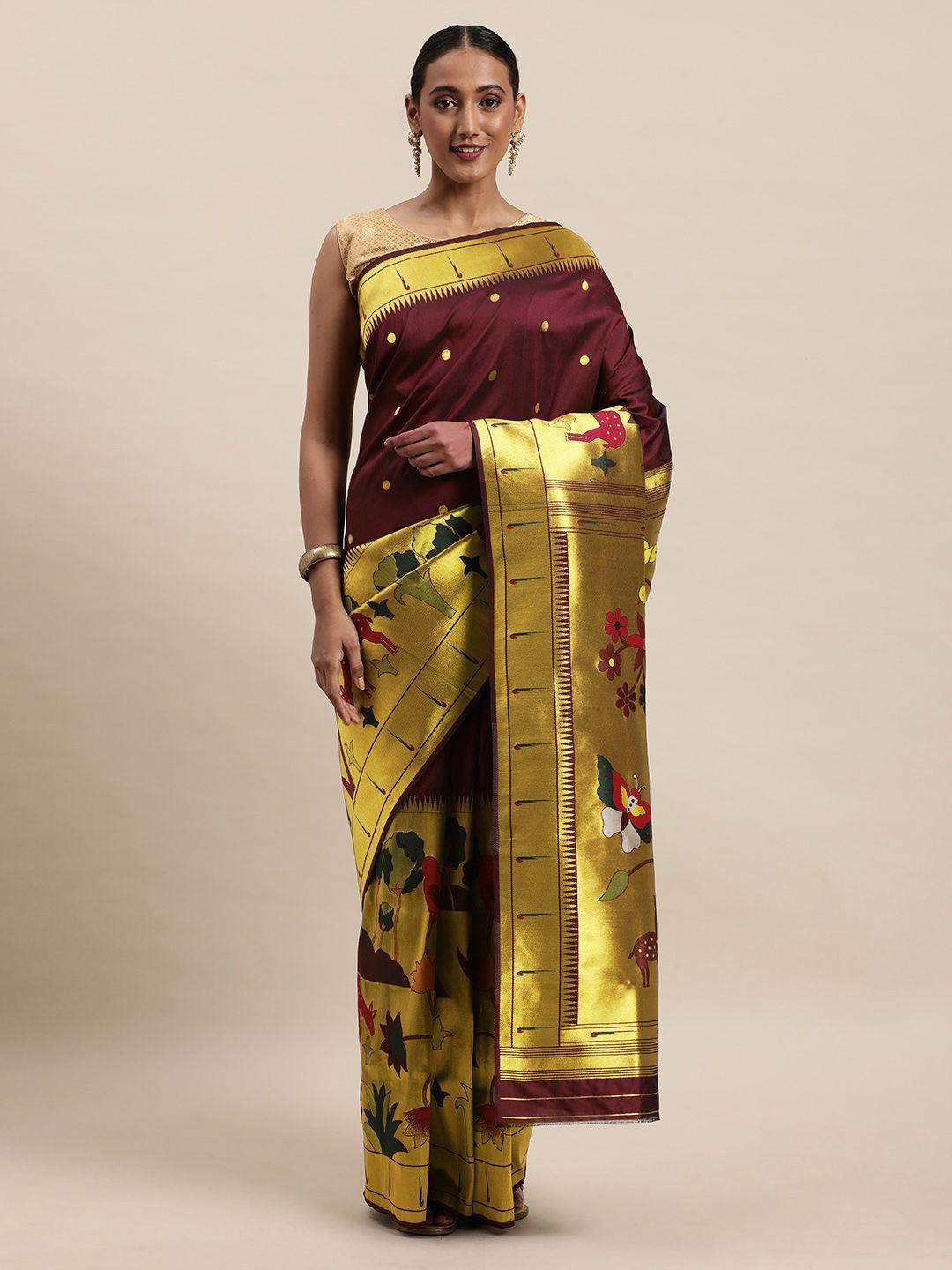 royal rajgharana saree maroon & golden woven design zari paithani sarees