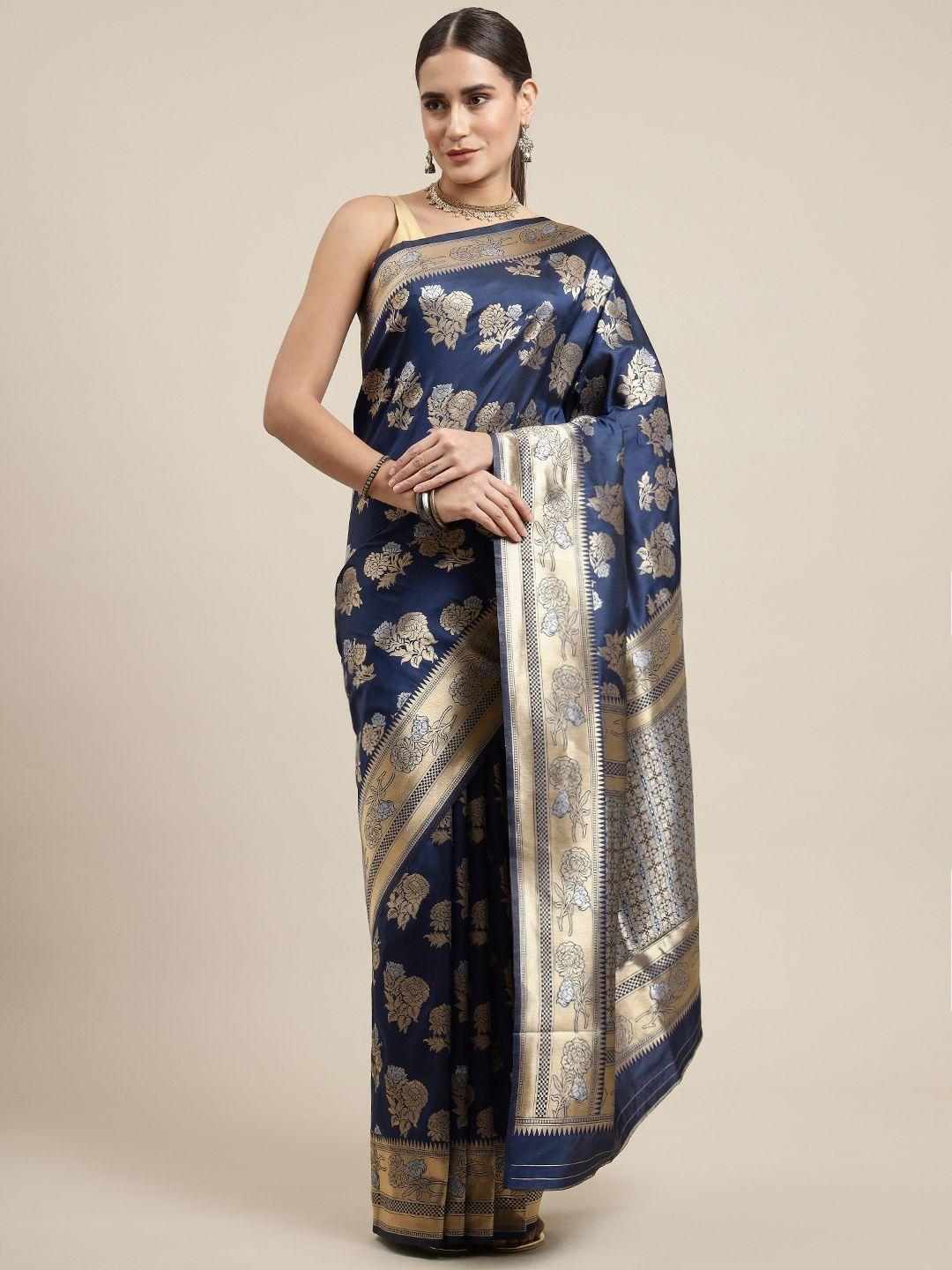 royal rajgharana saree navy blue & gold floral silk blend celebrity banarasi sarees