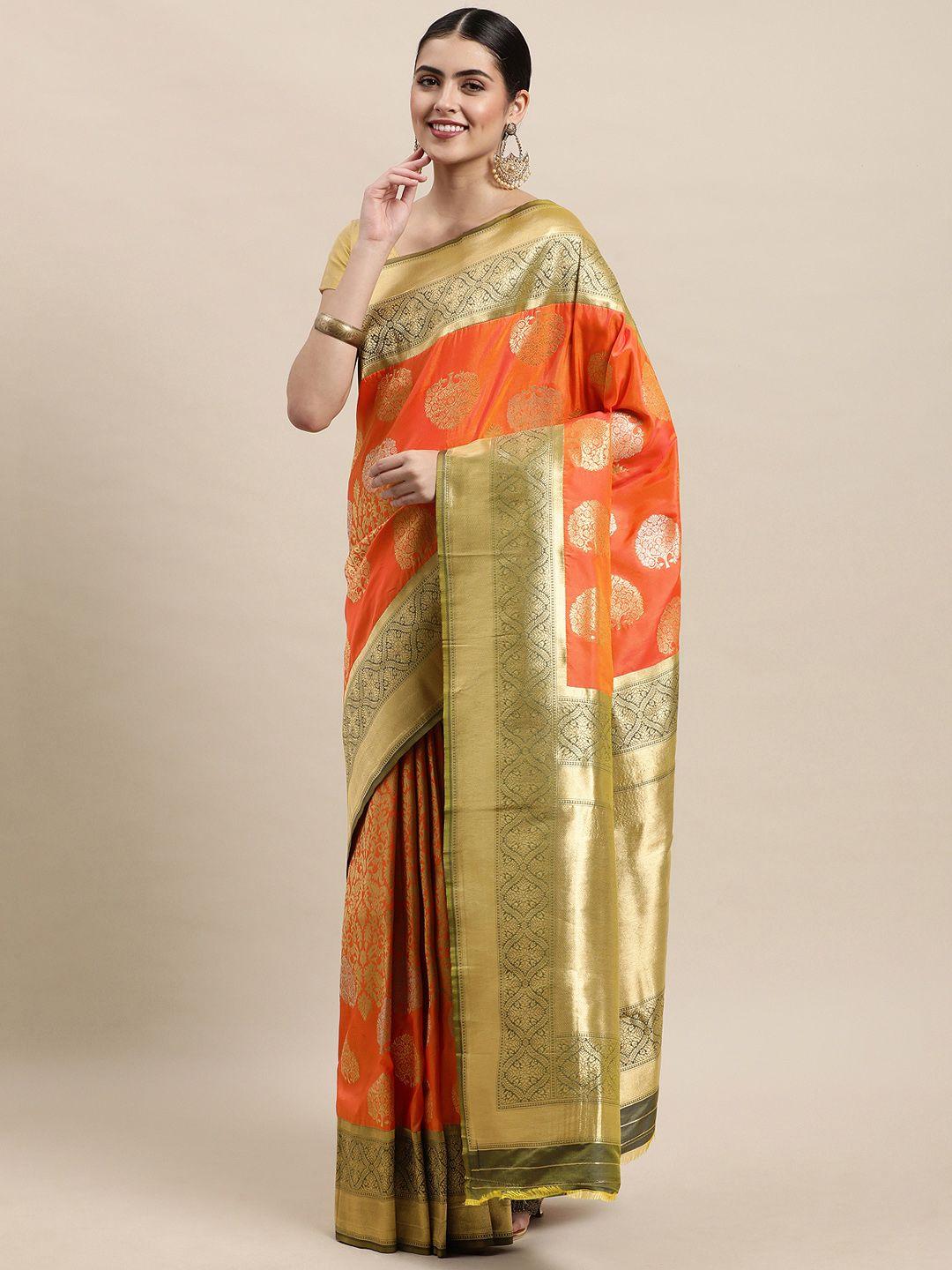 royal rajgharana saree orange & golden ethnic motifs zari woven design banarasi sarees