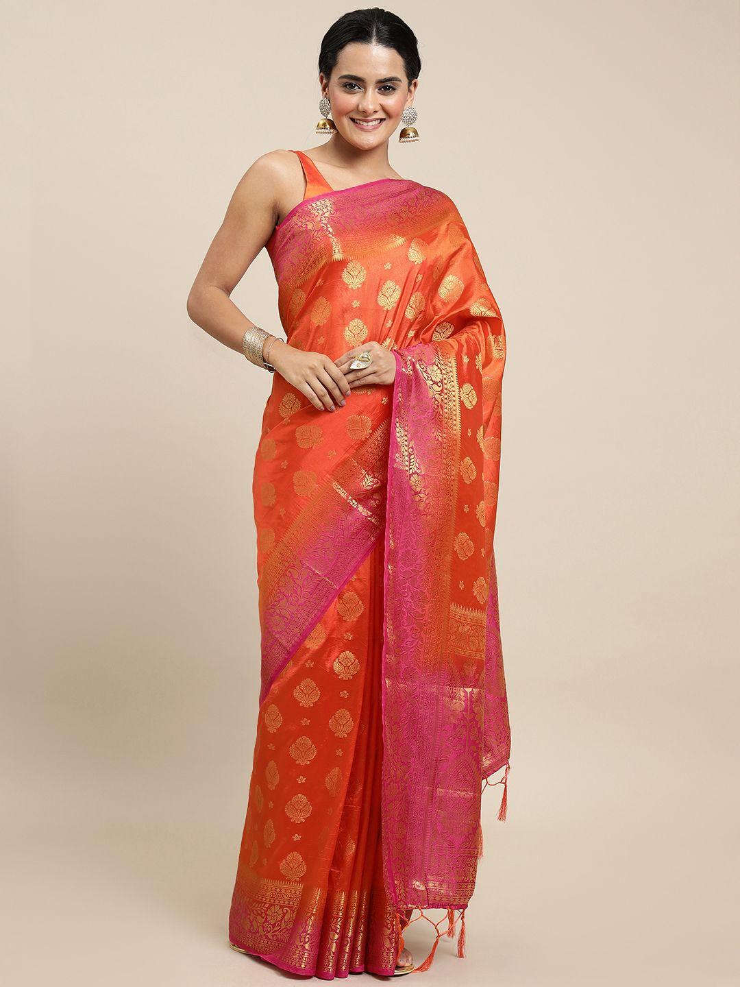 royal rajgharana saree orange & magenta woven design zari silk blend banarasi saree