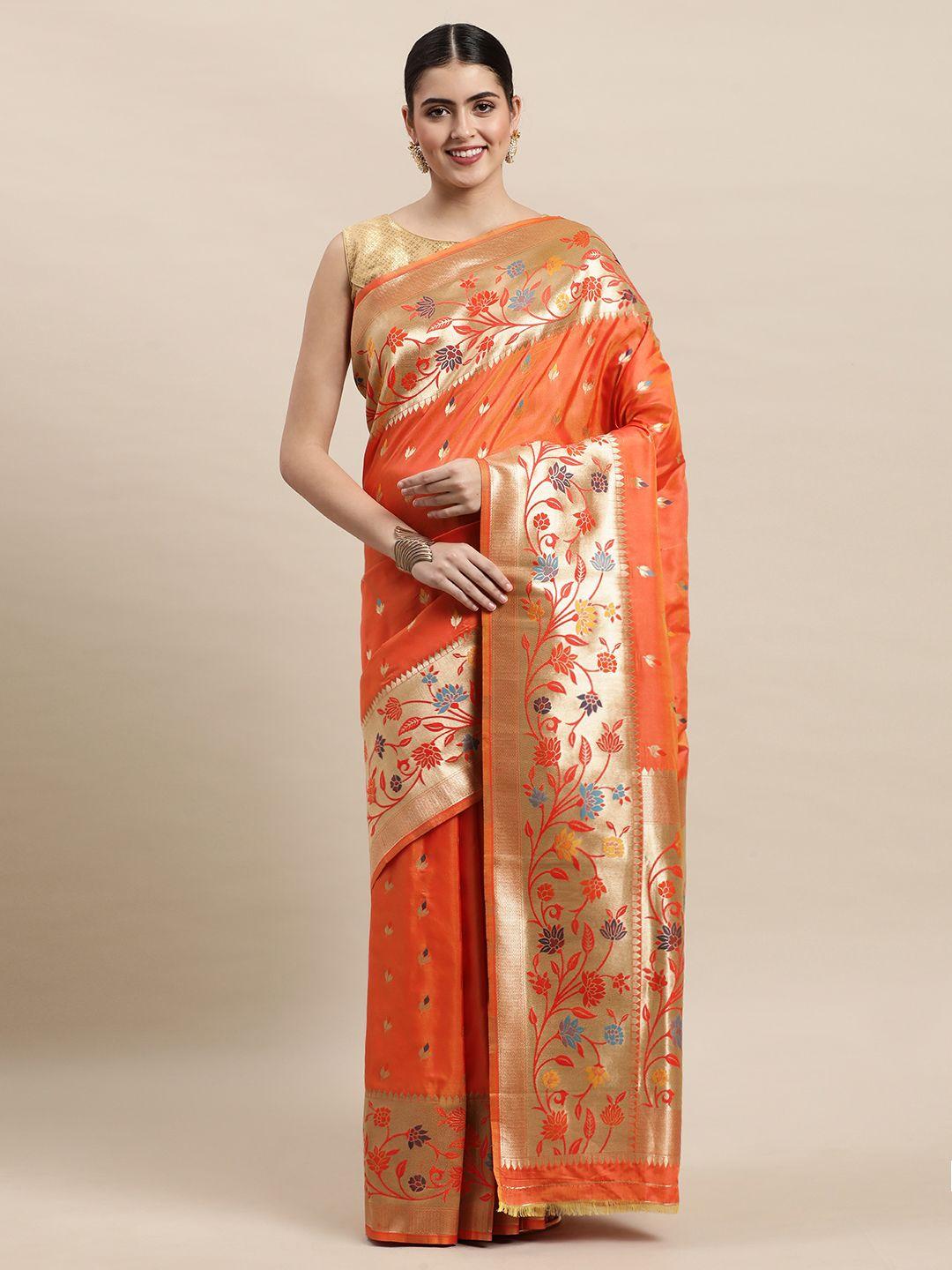 royal rajgharana saree orange woven design banarasi saree