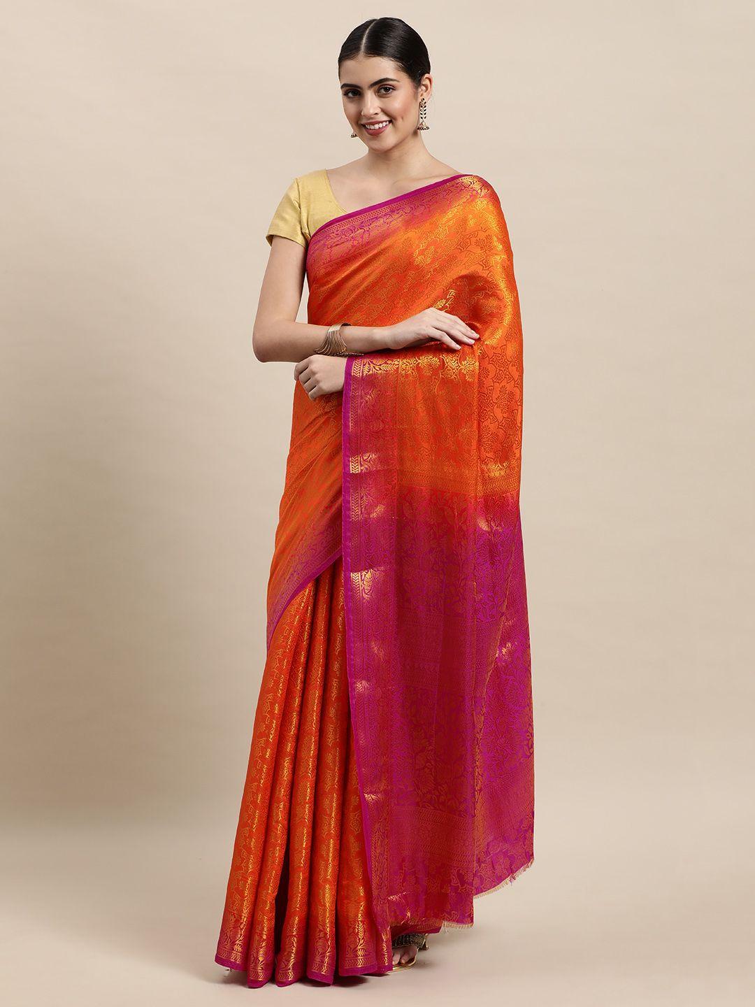 royal rajgharana saree orange woven design kanjeevaram saree