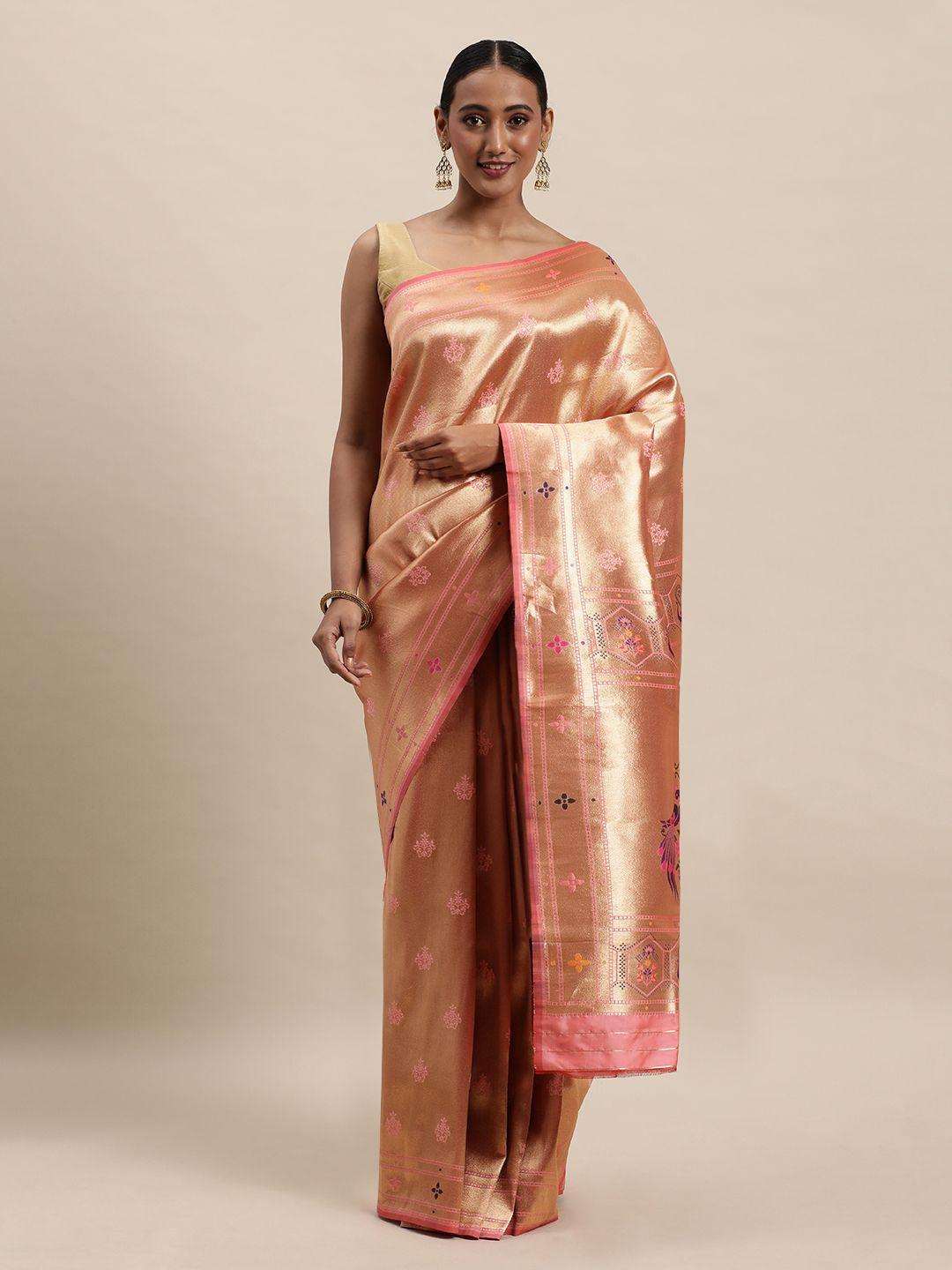 royal rajgharana saree peach-coloured & golden woven design paithani saree