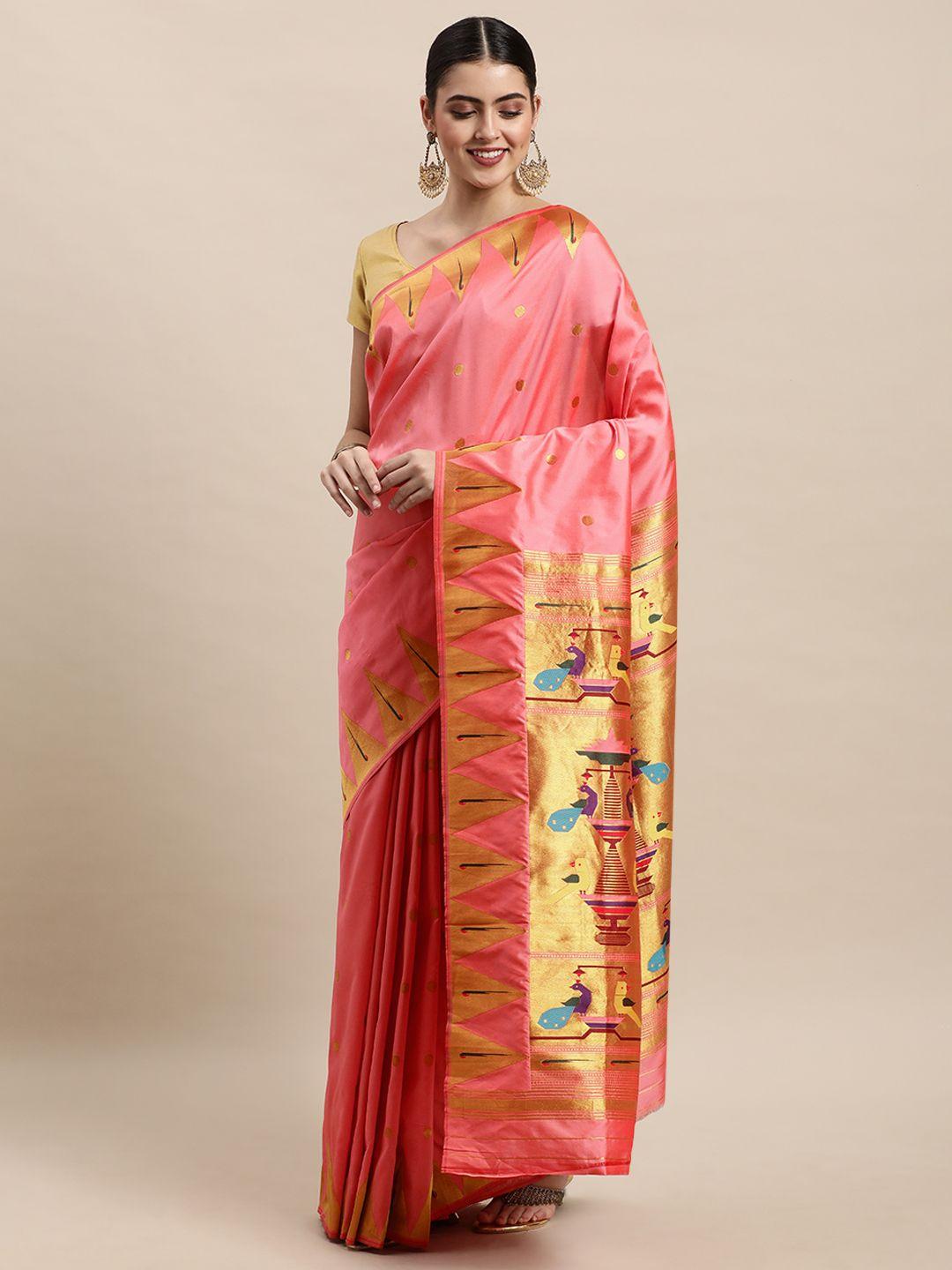 royal rajgharana saree peach-coloured woven design paithani saree