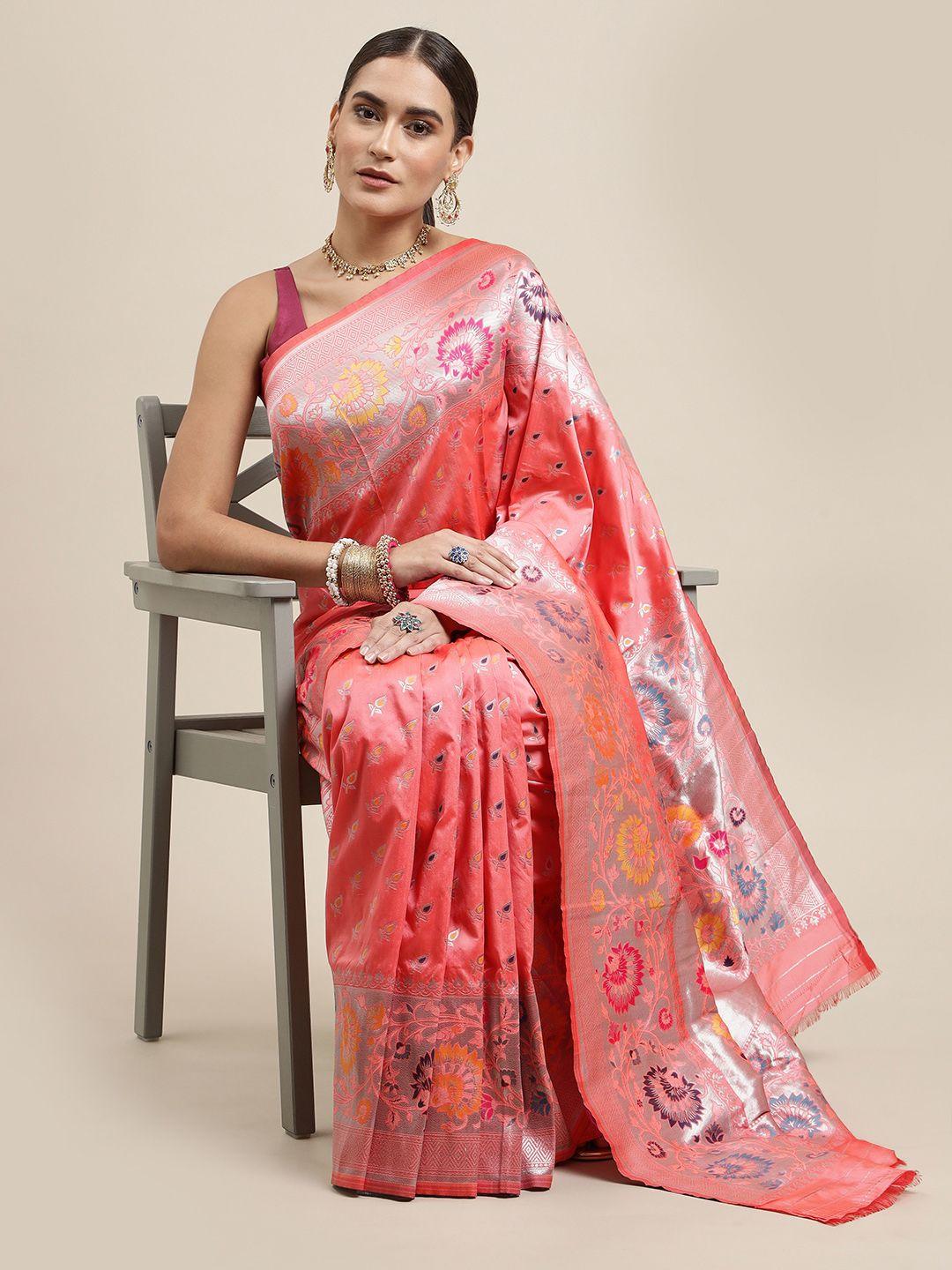 royal rajgharana saree peach-coloured woven design silk blend banarasi saree with blouse
