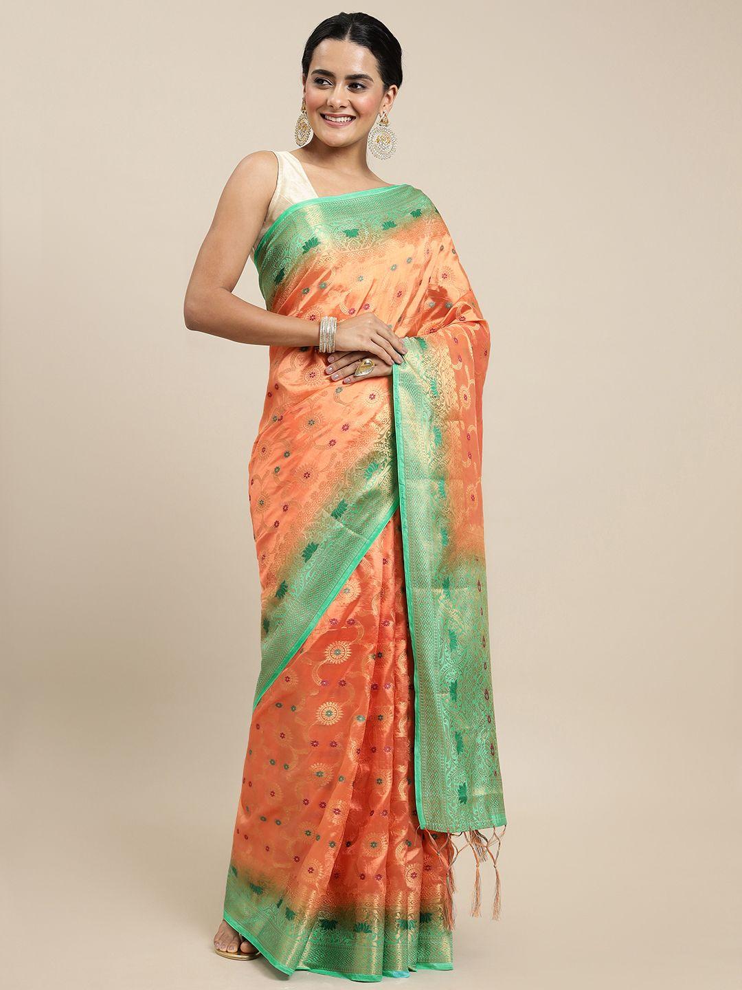 royal rajgharana saree peach-coloured woven design zari silk blend banarasi saree