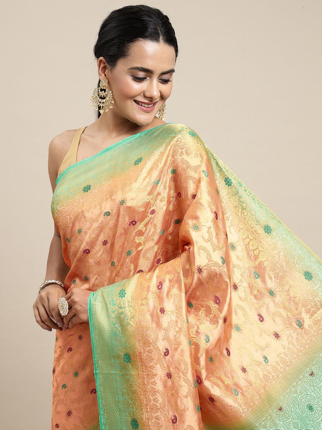 royal rajgharana saree peach-coloured woven design zari silk blend banarasi saree