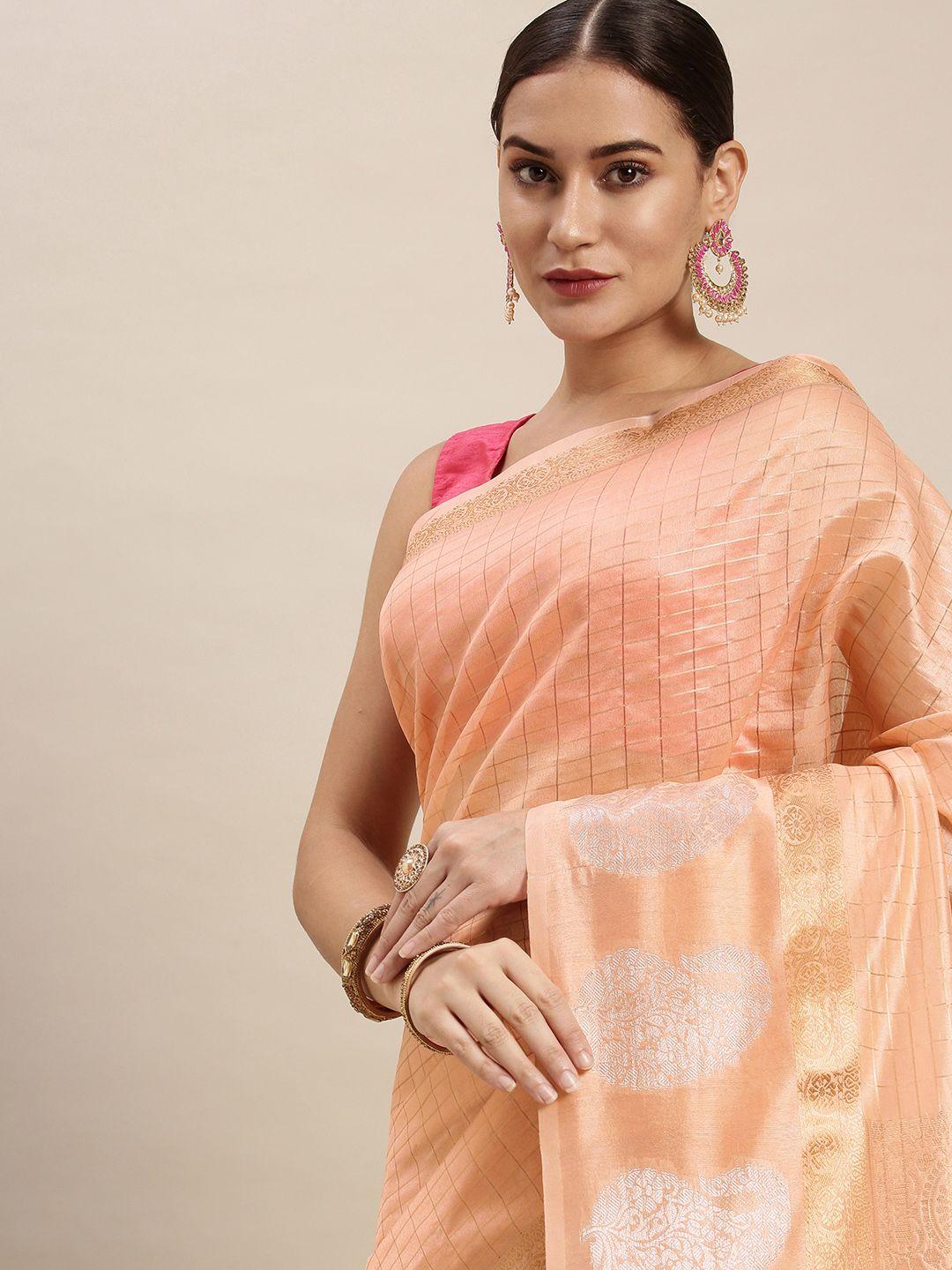 royal rajgharana saree peach-coloured woven zari linen blend celebrity banarasi sarees
