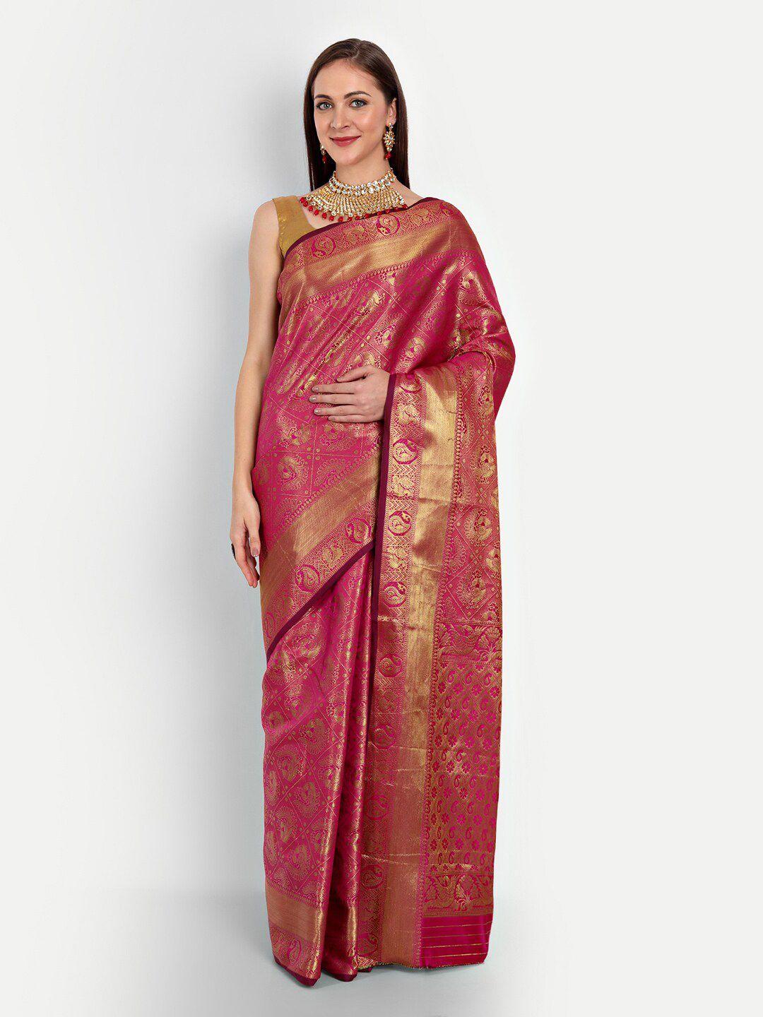 royal rajgharana saree pink & gold-toned woven design silk blend kanjeevaram sarees