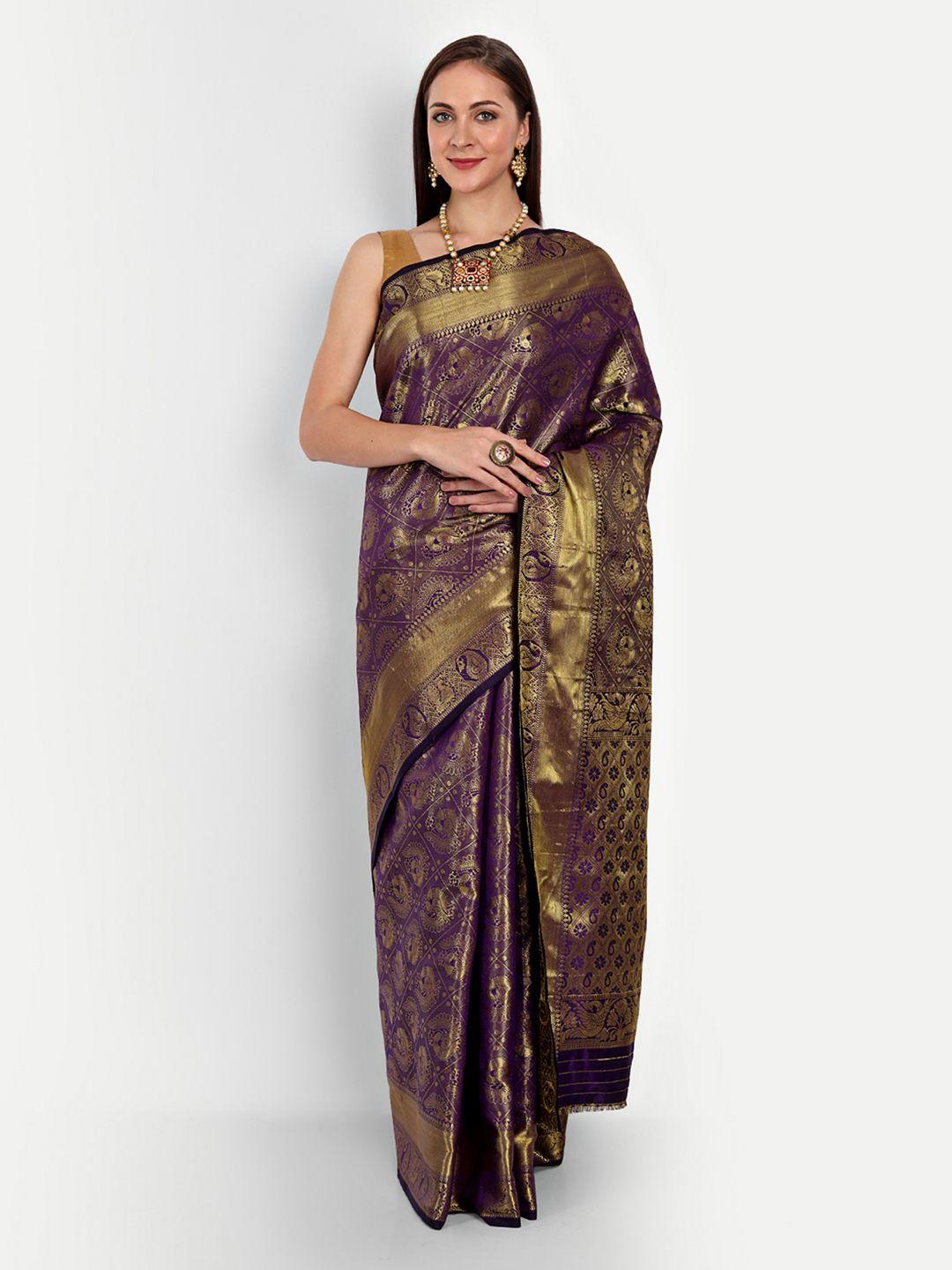 royal rajgharana saree purple & gold-toned woven design zari silk blend kanjeevaram sarees